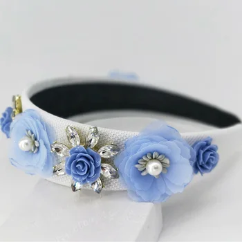 Lumina Albastru cu flori albe Bentita Pentru Fete Stras Coroana Bentițe de Înaltă Calitate Femei și Fete de Păr Accesorii de Petrecere Manual