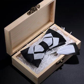 JEMYGINS Original Black & White Feather Bow Tie Realizate manual de Tineri de Moda Bărbați Papion Broșă Pin Cutie Cadou Set Pentru Petrecerea Papion