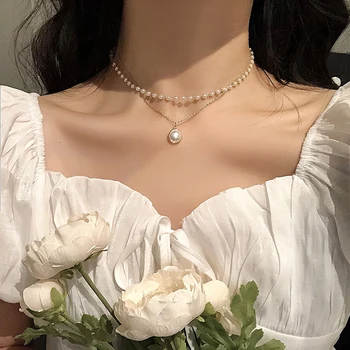 SUMENG 2020 Noua Moda Kpop Perla Cravată Colier Drăguț Strat Dublu Lanț Pandantiv Pentru Femei Bijuterii Fata Cadou