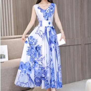 Coreea Moda Nou Albastru Șifon Rochie de Plaja Femei Elegante Vara Floral Print V-Neck leagăn Mare Rochii de Partid Vestidos de sex Feminin