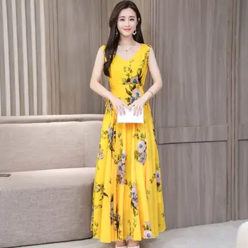 Coreea Moda Nou Albastru Șifon Rochie de Plaja Femei Elegante Vara Floral Print V-Neck leagăn Mare Rochii de Partid Vestidos de sex Feminin