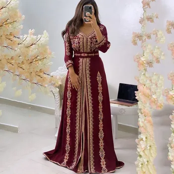 Burgundia Caftan Abaya Rochie De Seara Cu Maneci Lungi Islamic Dubai, Arabia Arabe Lungi Elegante De Seara Formale Rochie