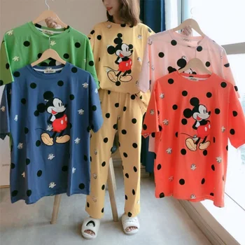 2PSC Desene animate Disney Imprimate Pijamale Drăguț Mickey Mouse Dot Carouri Liber Maneca Scurta Pantaloni Somn Costume Rotund Femei Seturi de Pijama