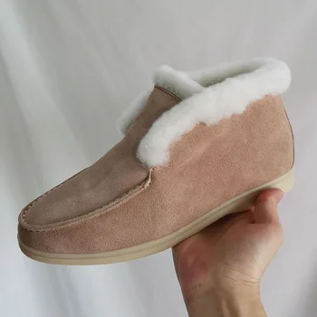 Piele de căprioară piele Glezna Cizme pentru Femei de Înaltă top Aluneca pe toc Plat de Lână Cizme de Zapada Pantofi de Iarna botas mujer poze reale