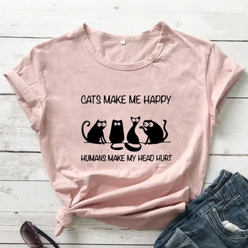 Pisicile Mă Face Fericit Om Faci să mă Doară Capul T-shirt Amuzant Pisica Mama Cadou Tricou sarcastic Femei Grafic Introvertit Top Tee Shirt