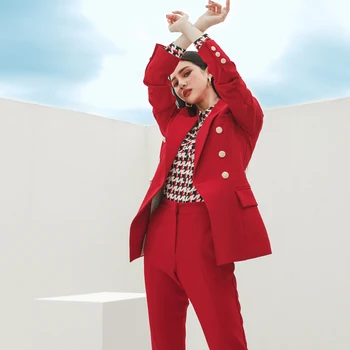 Moda Office Lady costum Roșu 2 Bucata Set Pentru Femei Dublu breasted Blazer & Pantaloni de Creion de Afaceri coreean Set de Toamnă
