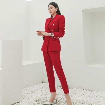 Moda Office Lady costum Roșu 2 Bucata Set Pentru Femei Dublu breasted Blazer & Pantaloni de Creion de Afaceri coreean Set de Toamnă