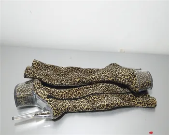 De 8 inch, cu platforma leopard de imprimare căpută toc de 20 de cm pantofi transparente, deasupra coapsei cizme, model sexy etapă cizme