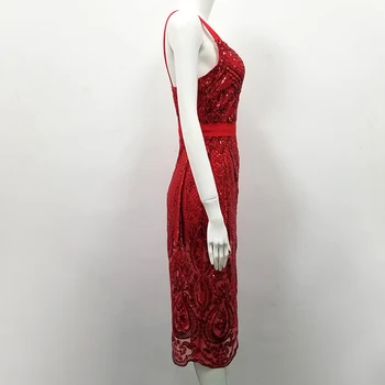 2019 sexy elegant curele de spaghete bandaj rochie rosu aprins paiete fără mâneci bodycon petrecere de vacanță rochie midi vestido