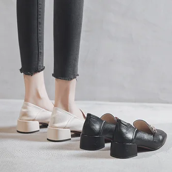 Moda Vintage Mocasini Femei Split Din Piele Franjuri Square Toe Pantofi De Metal Slip-On De Primavara Toamna Lady Toc Mic, Pantofi Albi