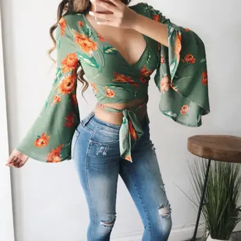 2018 Noua moda de vara femei tricouri largi Plaja casual Vrac V gât floare de imprimare bat mâneci bluze cu mânecă lungă