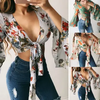 2018 Noua moda de vara femei tricouri largi Plaja casual Vrac V gât floare de imprimare bat mâneci bluze cu mânecă lungă