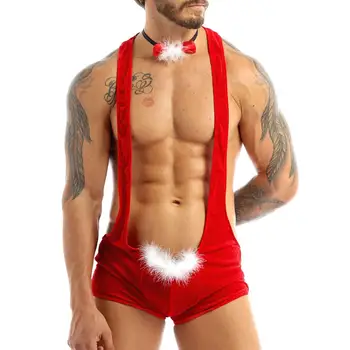 Mens de Crăciun Lenjerie Sexy si Bodysuit Sex Cosplay Costum Racer Spate Tricou Body Wrestling Singlet Lenjerie de corp cu Papion