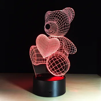 Desene animate Drăguț Urs Inima Forma Acrilice Lampă cu LED-uri 3D pe timp de Noapte, Lumina de Dormit Iluminat în 7 Culori cu Atingere și de Control de la Distanță