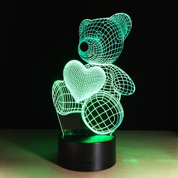 Desene animate Drăguț Urs Inima Forma Acrilice Lampă cu LED-uri 3D pe timp de Noapte, Lumina de Dormit Iluminat în 7 Culori cu Atingere și de Control de la Distanță