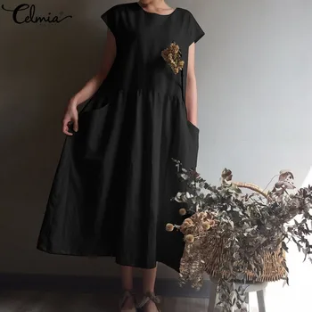 Celmia Femei Sundress Vintage Rochie de la Jumătatea vițel 2021 Vara Scurta Casual cu Maneci Largi Plisate Tricou Vestidos Halat de Caftan Plus Dimensiune