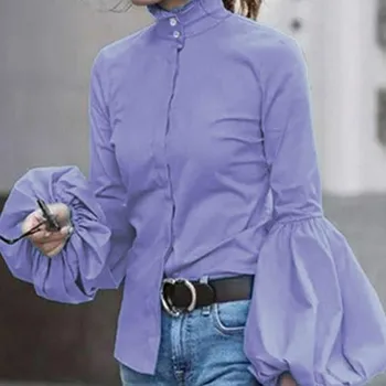 Bluza Femei Tricouri Solidă Plus Dimensiune 3XL Singur Pieptul Buton de Guler Puff Maneca Doamne de Birou Topuri Slim Fit Epocă Îmbrăca