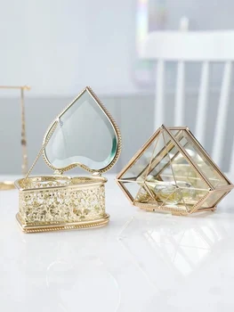 Ins Stil Diamant in Forma de Inima Cutie Bijuterii din Sticlă, Cutie de Depozitare Inel Colier Masa de toaleta Machiaj Organizator Container de Depozitare