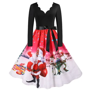 Rochie de crăciun Femei Vintage Maneca Lunga V Gât pe Moș Crăciun Print Elegant Xmas Party Balul Sundress Iarna Haine Plus Dimensiunea 3XL