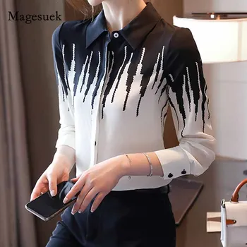 Neagră și bluză Albă Șifon Bluza 2020 Toamna Office Lady Maneca Lunga Butonul Femei Tricouri Femei Imprimare Doamnelor Haine 11052