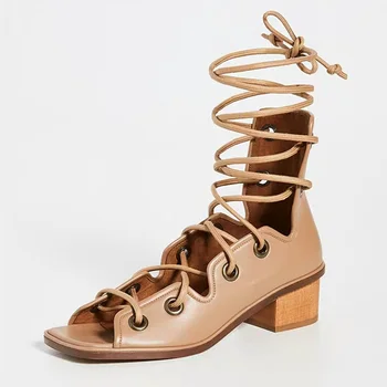 Noi 2020 brand din piele femei sandale roma stil dantela-up pantofi de femeie maro alb rochie casual, pantofi, sandale gladiator dimensiune 34-39