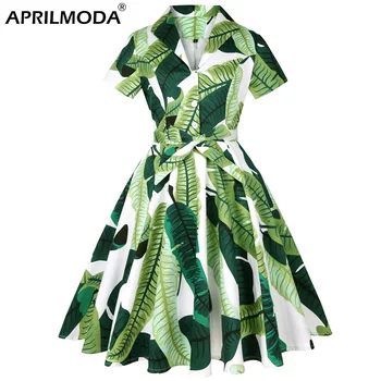 Frunză verde de Bumbac Imprimare Pinup Leagăn Femei Rochie cu Centura 3XL 4XL Plus Dimensiune 50 60 Retro Vintage Rochie de Petrecere Costum de Haine