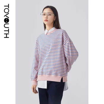Toyouth Femei Cu Dungi Pulover Hoodies Casual Roz Negru Rotund Gat De Bază Sweatershirt