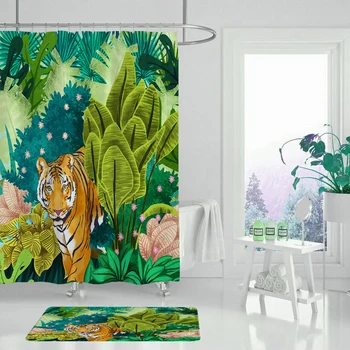 Drăguț animal duș perdeaua de plante verzi și flori frunze frumoase peisaje baie decor pânză impermeabilă cortina