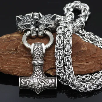 Cap de lup din oțel inoxidabil colier Viking ciocan pandantiv tendință bărbați din oțel inoxidabil manual lanț colier pentru bărbați bijuterii