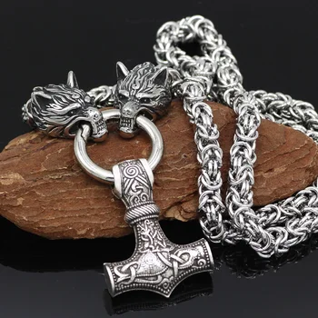 Cap de lup din oțel inoxidabil colier Viking ciocan pandantiv tendință bărbați din oțel inoxidabil manual lanț colier pentru bărbați bijuterii