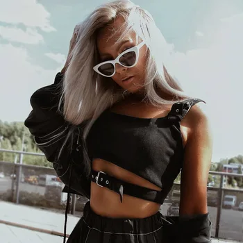 BOOFEENAA Cataramă de Metal Gol Rezervor de Top Negru pentru Femei de Moda Streetwear Topuri de Cultură Gotic Topuri Sexy Clubwear de Vară 2020 C84AZ3