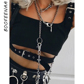 BOOFEENAA Cataramă de Metal Gol Rezervor de Top Negru pentru Femei de Moda Streetwear Topuri de Cultură Gotic Topuri Sexy Clubwear de Vară 2020 C84AZ3