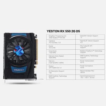 Yeston Radeon RX 550 GPU, 2GB GDDR5 128bit Jocuri de calculator Desktop PC Grafica Video suport Carduri DP/DVI-D/HDMI compatibil