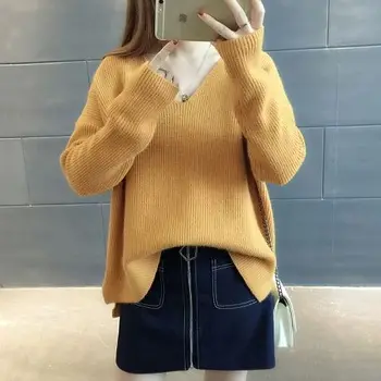 Toamna haine nou-coreean a V-gât pulover de culoare solidă vrac sălbatice tricot bottom pulover femei