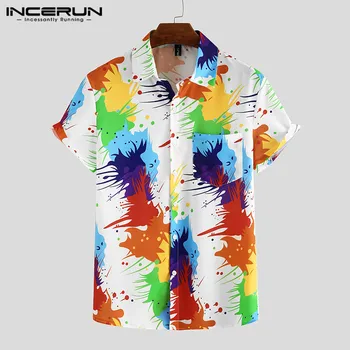 INCERUN Vară Bărbați Cămașă Hawaiană Colorat Imprimat cu Maneci Scurte Rever Bluză Casual Streetwear 2021 Vacanta Cămăși