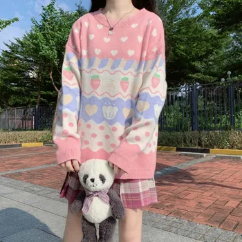 Una-Bucata Pulover Drăguț Dulce Pulovere pentru Femei Pulover 2020 Iarna Tricotat Capsuni Mânecă Lungă Pierde Roz Topuri Harajuku