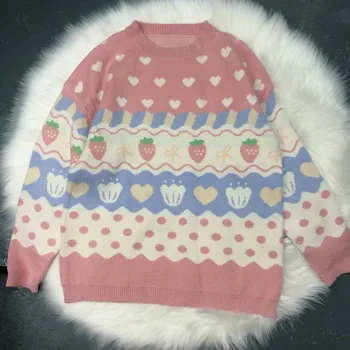 Una-Bucata Pulover Drăguț Dulce Pulovere pentru Femei Pulover 2020 Iarna Tricotat Capsuni Mânecă Lungă Pierde Roz Topuri Harajuku