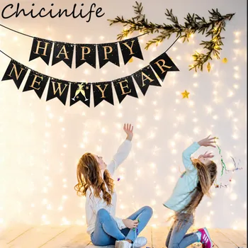 Chicinlife 1Set Negru An Nou Fericit Banner Cu Paharul de Vin În 2021 Petrecere de Anul Nou Bunting Ghirlanda Casa Decor de Crăciun Consumabile