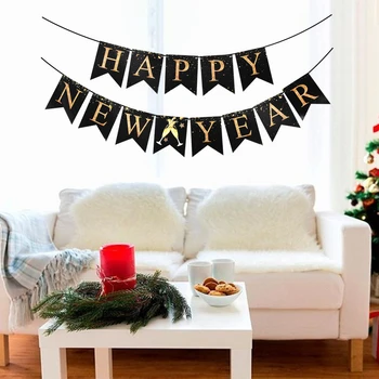 Chicinlife 1Set Negru An Nou Fericit Banner Cu Paharul de Vin În 2021 Petrecere de Anul Nou Bunting Ghirlanda Casa Decor de Crăciun Consumabile