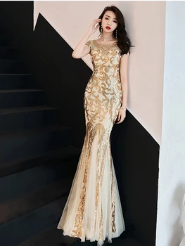 O-gât Elegant Sirena Rochii de Seara Lungi de Lux 2020 Petrecere, Rochii de Seara Pentru Femei cu maneci din Tul cu Paiete Rochie de Aur