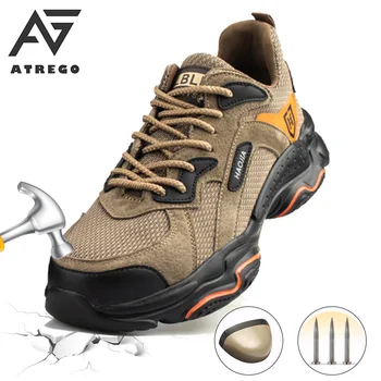 AtreGo Barbati Din Piele Pantofi De Protecție Bombeu Metalic Drumeții Pantofi Noapte Reflectorizante Anti Puncție Ușor Indestructibil Cizme De Lucru