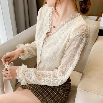 2021 Moda De Primăvară V-Gât Lace Shirt Nou Croșetat Flori Albe Elegante, Bluza Femei Vintage Maneca Lunga Butonul De Sus Blusas Chic