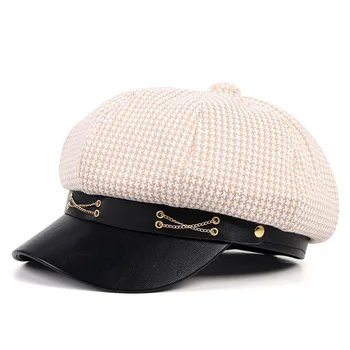 Noi 2020 Toamna Iarna Octogonal Pălării Femeie Capac de vânzător de ziare din Piele PU Refuz Print Carouri Baret pălărie Femei bereta femme