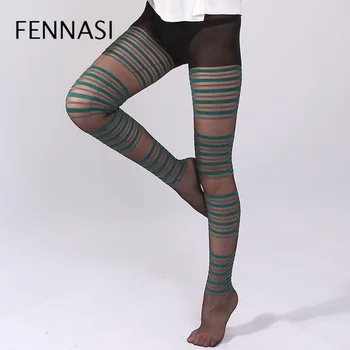 FENNASI de sex Feminin Jacquard cu Dungi pentru Femei Dresuri Verde Gri, Model cu Dungi Sexy Ciorapi Ciorapi de dama Lady Feminin Erotic Dresuri Negre