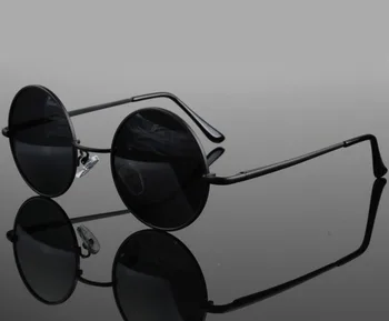 Clasic Retro Vintage Rotund Polarizat ochelari de Soare Barbati de Brand Designer de Ochelari de Soare Femei, Cadru Metalic Negru, lentile Ochelari de Conducere