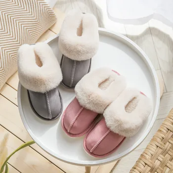 Sansom Faux Suede Acasă Femeile Plin de Blană Papuci de Iarna Cald Plus Dormitor Non-alunecare de Cupluri Pantofi de Interior Doamnelor cu Blană Papuci