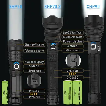 Noul Model Xhp90 Cel Mai Puternic Led Lanterna Lanterna Led-Uri Xhp70 Xhp50 Reîncărcabilă Usb Lampă De Mână 18650 26650 Tactice Flash De Lumină