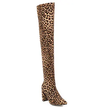 Lsewilly 2020 Întinde Țesături de Moda Leopard Peste Genunchi Ridicat Cizme de Iarna Pătrat Sexy cu Toc Alunecare pe Pantofi pentru Femei K296