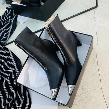 Toamna iarna de metal a subliniat deget de la picior cizme scurte 2020 feminin sexy pantofi cu toc pentru femei cu fermoar frontală frumos glezna botas pentru fete