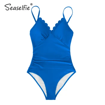 SEASELFIE Solid Albastru Safir-O singură Bucată de costume de Baie Femei Sexy V-neck Scoică Împodobite Costume de baie Monokini 2021 Costum de Baie Beachwear